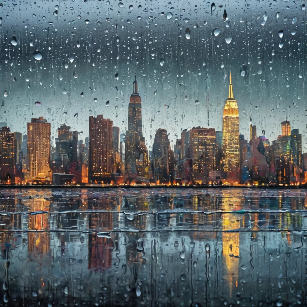 Drawing from water droplets on frosted glass, showing the landscape behind through the water droplets, Jochen Mühlenbrink style, soggy, masaccio, a 1990s poster style with rainy details, colorful with vibrant colors, (low-light, breathtaking panoramic:1.3), night newyork city background, rainny, light reflection at the background, acrilic art paint