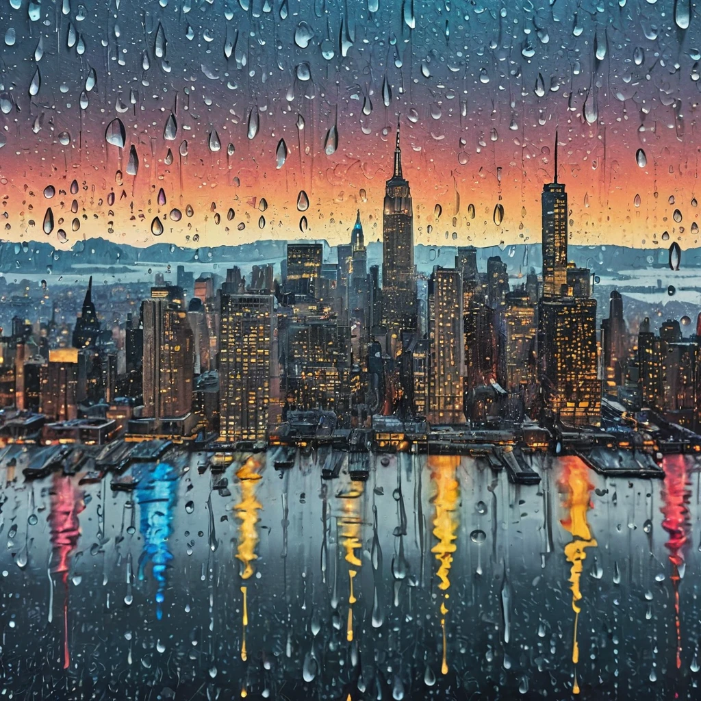 Drawing from water droplets on frosted glass, showing the landscape behind through the water droplets, Jochen Mühlenbrink style, soggy, masaccio, a 1990s poster style with rainy details, colorful with vibrant colors, (low-light, breathtaking panoramic:1.3), night newyork city background, rainny, light reflection at the background, acrilic art paint