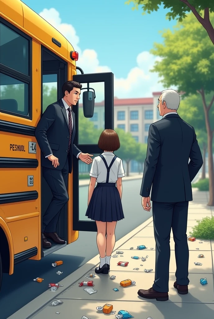 A student exiting the bus door seeing the school principal receiving a fine for excessive littering 