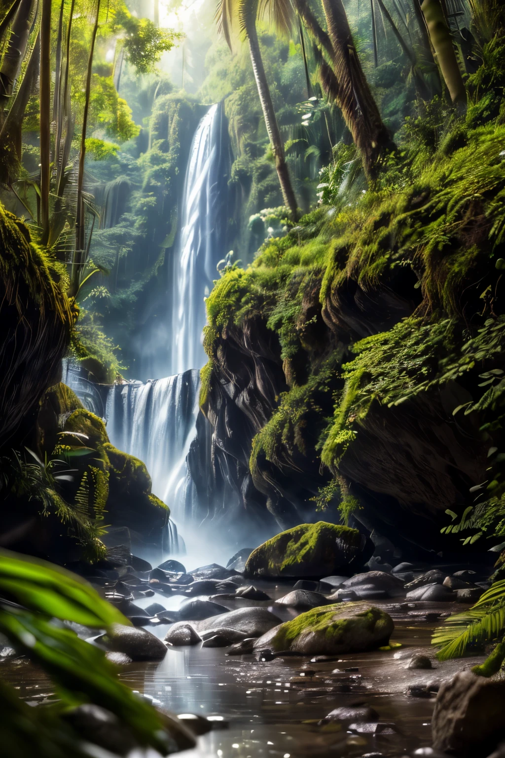 (Masterpiece, Best Quality, High Quality, Highres:1.4), Detailed, Extremely Detailed, Ambient Soft Lighting, 4K,Blurry, Blurry Background, Depth of Field, Bokeh, DOF, Fog, Bloom, Outdoors, (Nature, tropical forest:1.2), (Rocks:1.2), Mountais, Plants, waterfall,