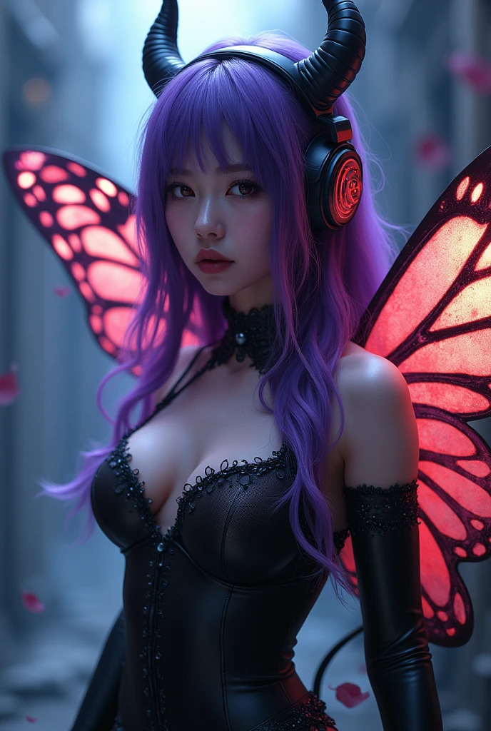 Korean purple hair butterfly woman with headphone in devil themed outfit short butterfly wings