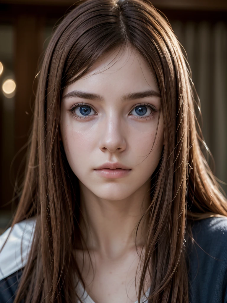 a young boy, 12 years old, long and smooth reddish-brown hair, striking blue eyes, simple clothes, (best quality,4k,8k,highres,masterpiece:1.2),ultra-detailed,(realistic,photorealistic,photo-realistic:1.37),detailed face and eyes,beautiful detailed eyes,beautiful detailed lips,extremely detailed eyes and face,longeyelashes,natural lighting,warm color tones,portrait,cinematic,intricate details