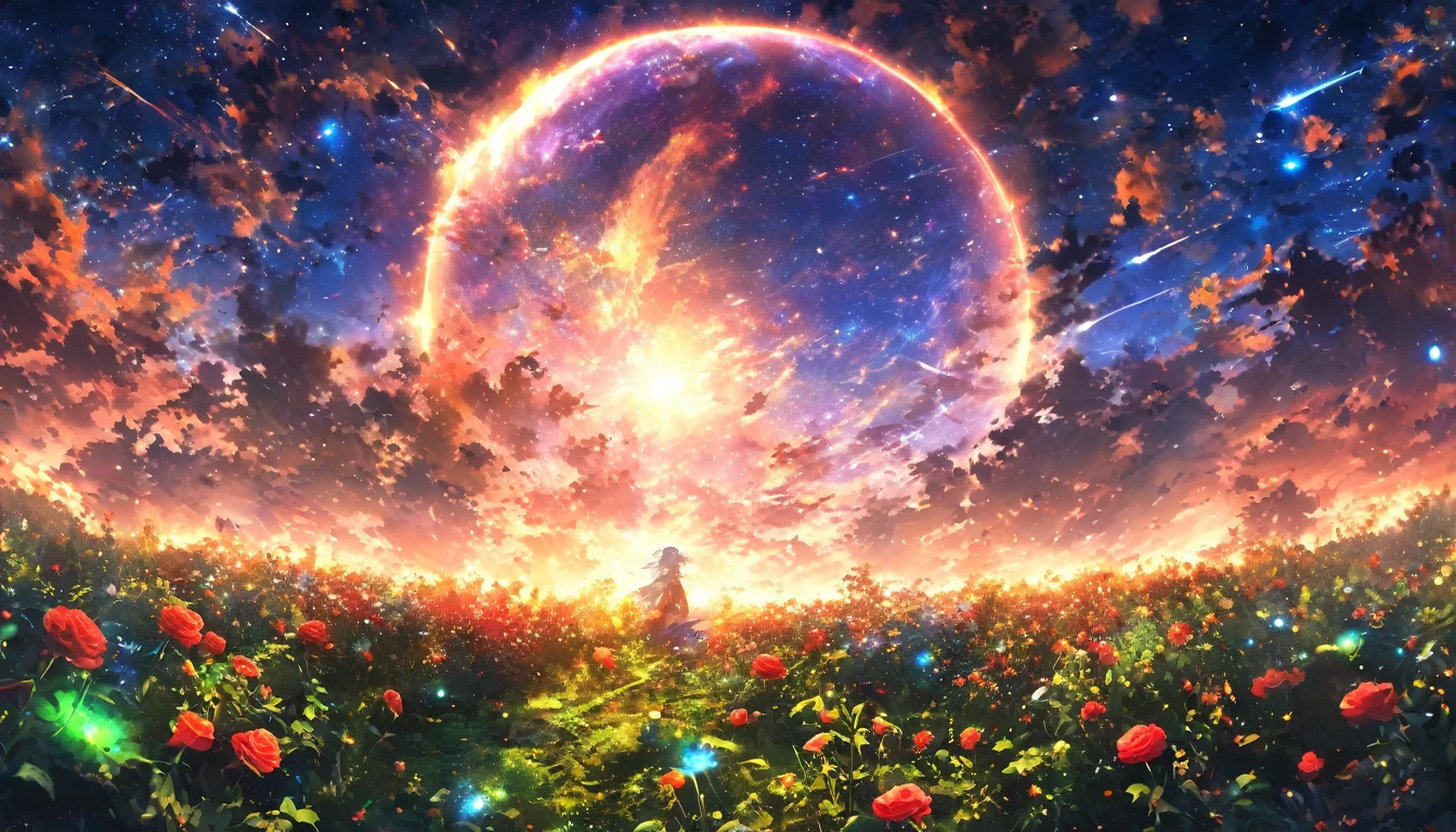 masterpiece, Concept Art, Panorama, in the center, shape, Wide Shot, garden, night, (meteor), Space galaxy background, (Great composition, Epic Scale), Dynamic Lighting, Bright colors, Blue rose,Landscape Long Eyelashes, Round eyes, Silver Hair, Half-closed eyes, sad, Cast a Shadow, Anaglyph, Stereogram, tachi-e, Atmospheric perspective, Wide Shot, reflected light, 8k, Super Detail, Highest quality, Anatomically correct,green