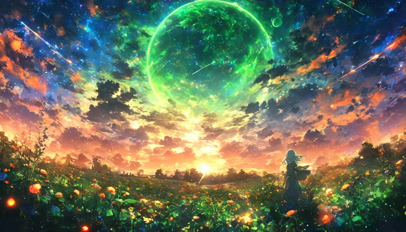 masterpiece, Concept Art, Panorama, in the center, shape, Wide Shot, garden, night, (meteor), Space galaxy background, (Great composition, Epic Scale), Dynamic Lighting, Bright colors, Blue rose,Landscape Long Eyelashes, Round eyes, Silver Hair, Half-closed eyes, sad, Cast a Shadow, Anaglyph, Stereogram, tachi-e, Atmospheric perspective, Wide Shot, reflected light, 8k, Super Detail, Highest quality, Anatomically correct,green