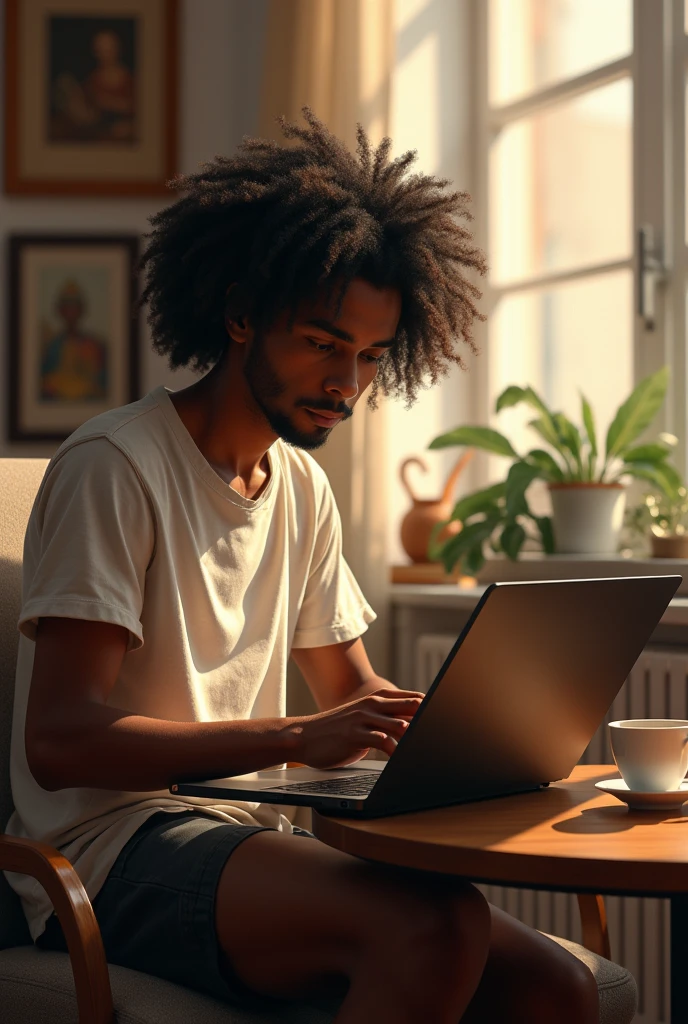 (photorealism:1.2), laptop display size, handsome somali boy, sitting on chair, reading book , laptop and cup of coffee on table infront of him, wearing short clothes, long curly hair, indoors, soft lighting, arts in background, window with sunlight, cozy room, relaxed pose, realistic, intricate details, warm colors, by Greg Rutkowski, by Alphonse Mucha