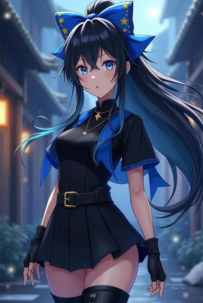 A female character in the style of the anime Demon Slayer who has long black hair loose with a ponytail on top with a blue bow with a yellow star. Her uniform is black and she wears a short-sleeved haori in the same shade of blue as the bow. She wears black gloves that expose her fingers and stylish boots. She also has a star necklace. Her eyes are light blue with stars.
