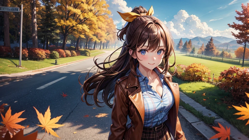 1girl, solo, trees, sun, clouds, autumn, colorful trees, falling leaves, ((brown hair)), ponytail, large breasts, ((brown leather jacket)), button down shirt, ((blue checked shirt)), ((unbuttoned shirt)), unbuttoning buttons, cleavage 1:3, blue eyes, long skirt, brown boots, smile, happy, looking at the viewer, walking, upper view, hair ribbon, golden necklate