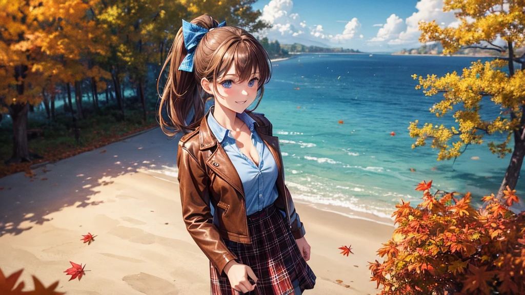 1girl, solo, trees, sun, clouds, autumn, colorful trees, falling leaves, ((brown hair)), ponytail, large breasts, ((brown leather jacket)), button down shirt, ((blue checked shirt)), ((unbuttoned shirt)), unbuttoning buttons, cleavage 1:3, blue eyes, long skirt, brown boots, smile, happy, looking at the viewer, walking, upper view, hair ribbon, golden necklate