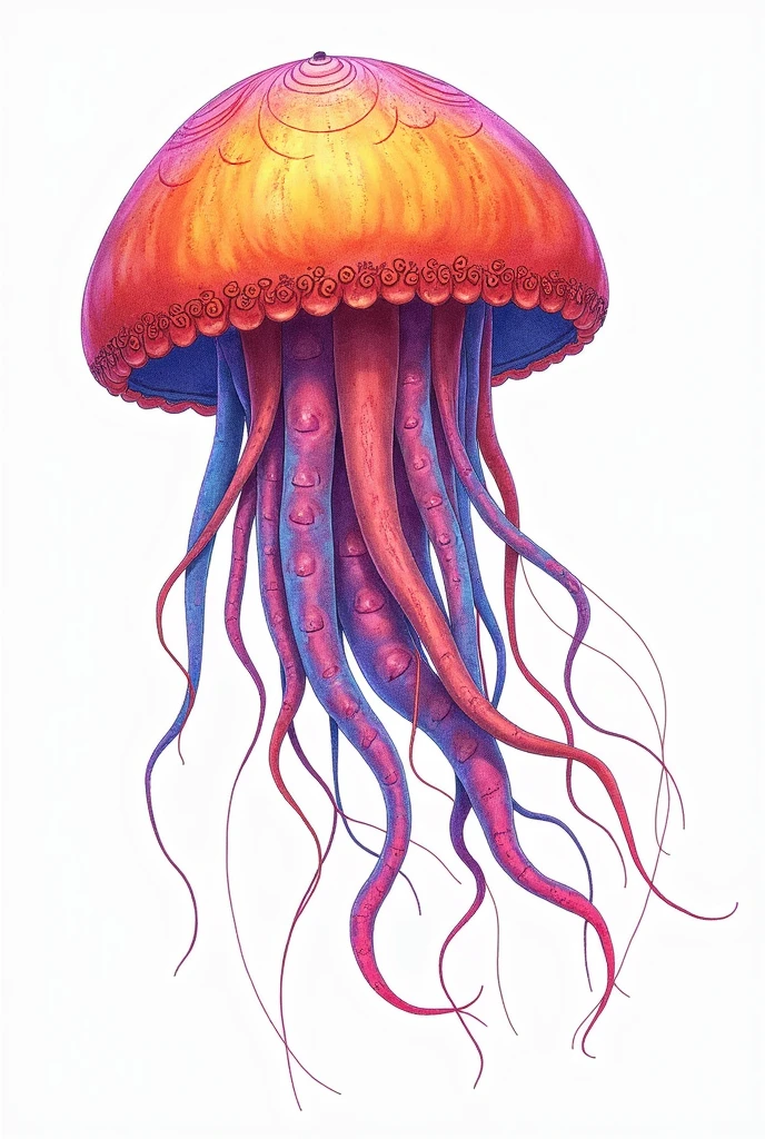 Color drawing of an organism of the cubozoa class, order cubomedusae of the phylum Cnidaria with white background