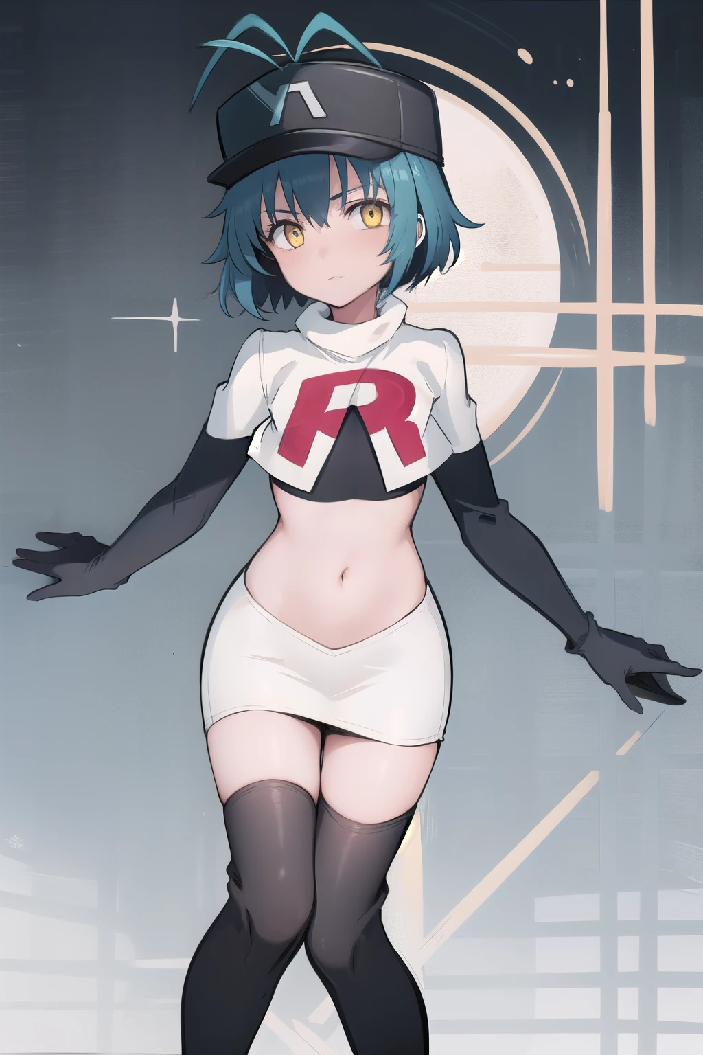 best quality, (masterpiece:1.2), illustration, absurdres, (1girl), (beautiful detailed girl),
Millium Orion, blue hair, short hair, antenna hair, ahoge, yellow eyes,  flat chest,
black hat, headwear,
team rocket,team rocket uniform,white skirt,red letter R,crop top,black thigh-highs,black elbow gloves, 
looking at viewer,