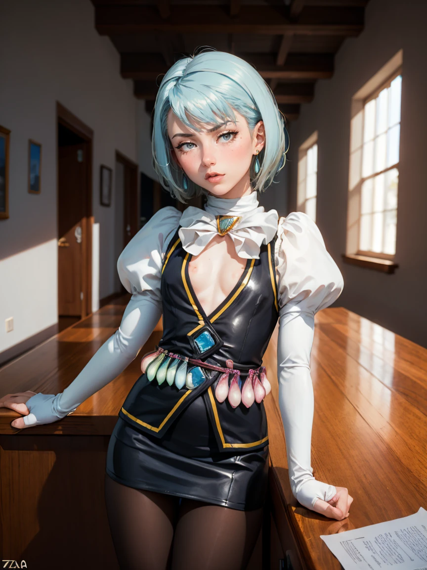 8k, ray tracing, vibrant colors, (aafranziska, light blue hair:1.5), (8 years old:2.0), ascot, (flat chest:1.4), puffy sleeves, pencil skirt, pantyhose, black gloves, jewelry, earrings, slim figure, masterpiece, sharp focus, Best Quality, depth of field, cinematic lighting, very detailed clothes, (condom belt, condom hair ornament:1.4), ((so embarrassed, blush)), elbow gloves, Perfect eyes, perfect hair, Rich in details and textures, masterpiece, Best Quality, beautiful girl, Sun light, chiaroscuro, (perfect hands:0.7, Clean hands:0.7), ((((Professional photography)))), ((Dream)), Whole body