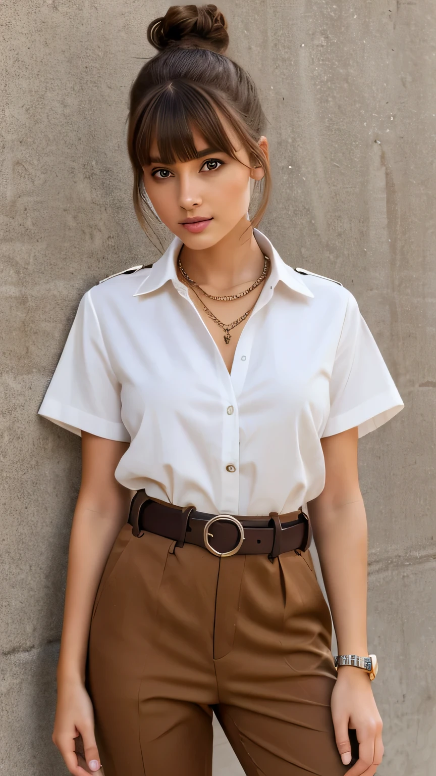 1girl, belt, watch, shirt, wristwatch, brown eyes, solo, brown hair, looking at viewer, jewelry, parted lips, pants, hair bun, belt buckle, buckle, bangs, brown belt