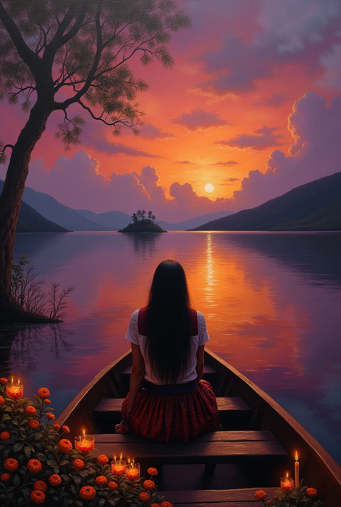 An oil painting alluding to the Day of the Dead in Pátzcuaro, a sky with a sunset in dark shades of purple and orange, the island of janitzio, the lake with dark tones and some white flashes, and in front a Purepecha woman with her back turned and on her knees on a boat. Also include elements such as candles or cempasuchil