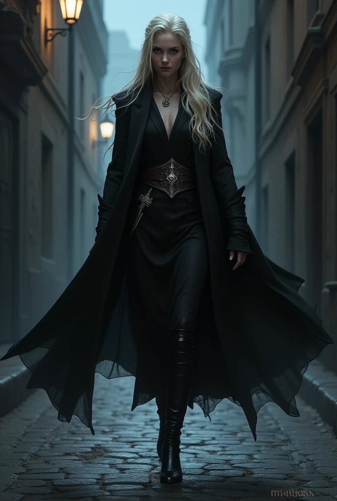 Celaena Sardothien walking on a cobblestone street at night, wearing a black dress, a belt with a dagger hanging, and a black cloak covering part of her feminine face. Only the platinum blonde braid of her hair falling over her left shoulder is visible.