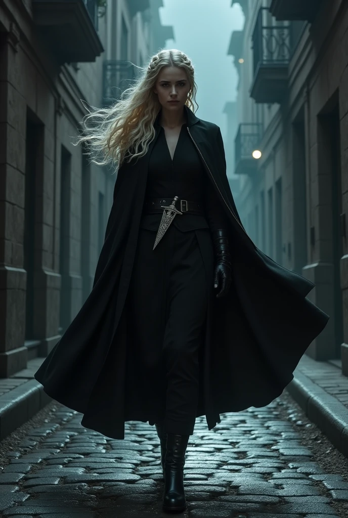 Celaena Sardothien walking on a cobblestone street at night, wearing a black dress, a belt with a dagger hanging, and a black cloak covering part of her feminine face. Only the platinum blonde braid of her hair falling over her left shoulder is visible.