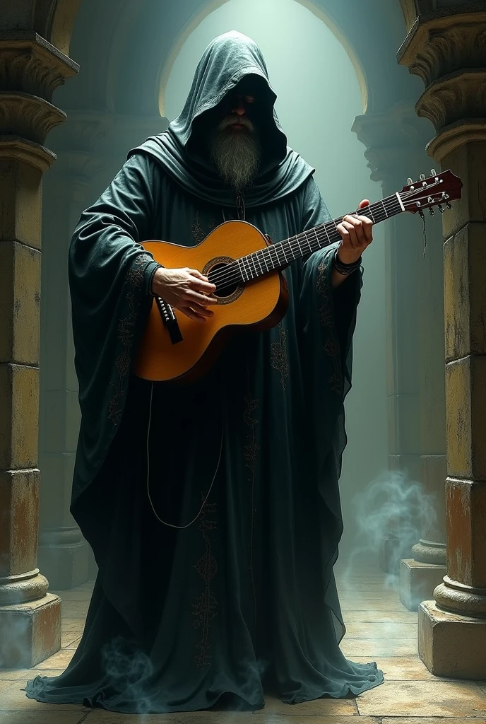 Make a guitar-playing bard, but his song raises the dead, and he has a voice in his back