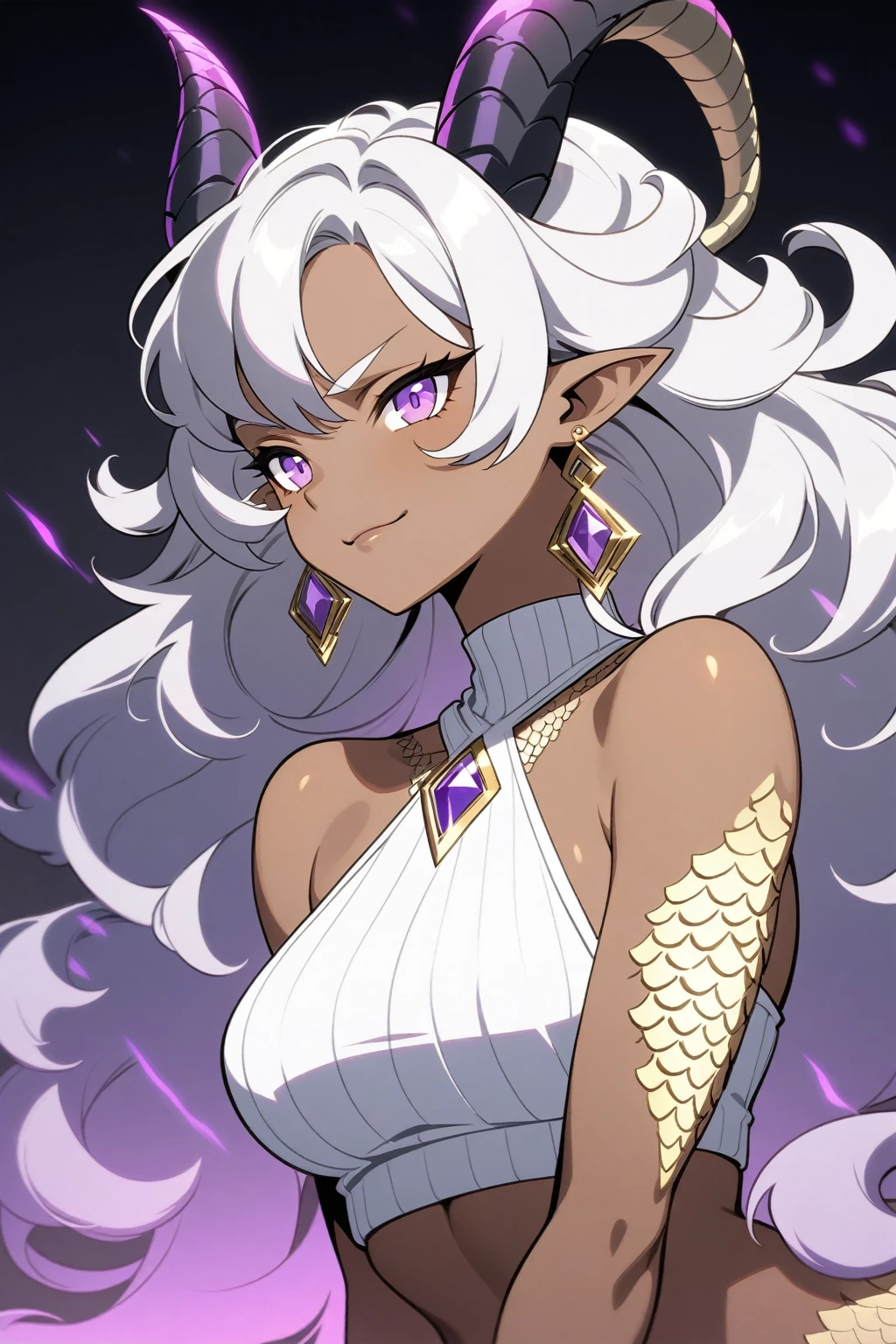Dark-skinned chubby woman, black dragon horns on head, short Android 21 silver hair, violet eyes, long pointy ears, black scales on skin, gold jewelry, mischievous smile, white cropped ribbed top, dark blue jeans, black studded belts, jean chains, crossed arms, dark gradient background