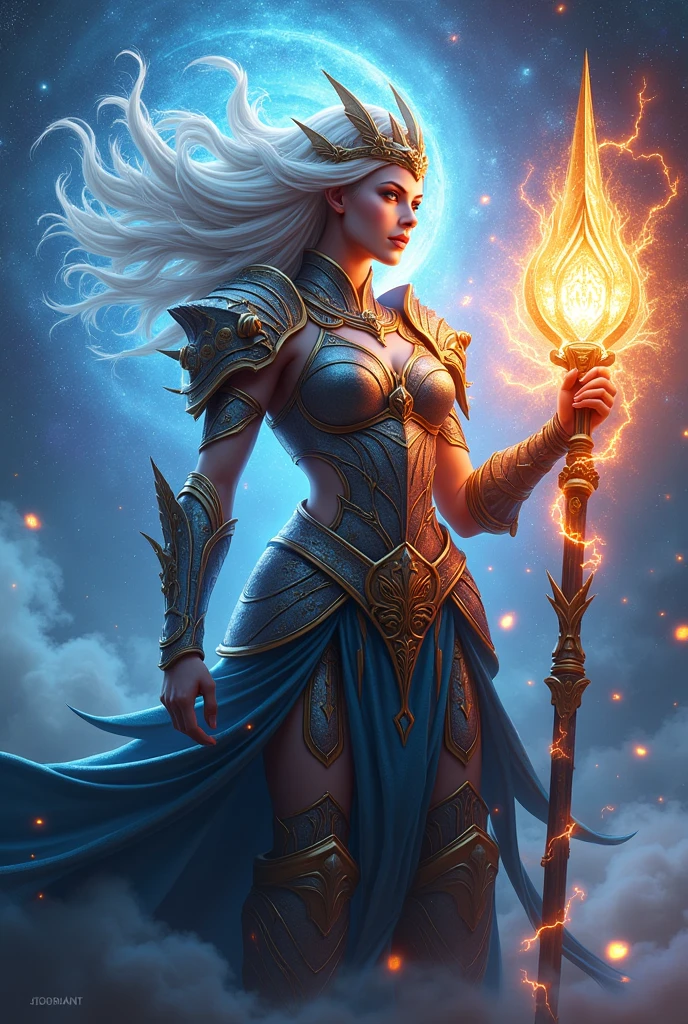 (((Goddess of Power:1.4))), (masterpiece:1.4, best quality), (photo realistic:1.4), imposing and commanding presence, with an expression of strength and authority, dressed in a powerful and ornate armor that combines ancient and modern elements, (armor adorned with symbols of power and energy:1.2), (hair flowing with dynamic energy, glowing with electric hues:1.2), (piercing eyes radiating confidence and control:1.2), holding a staff or scepter emitting crackling energy or light, surrounded by a swirling aura of raw power, (background of a dramatic, cosmic scene with swirling galaxies or stormy skies:1.2), (dynamic lighting highlighting her form and the energy she wields:1.2), (bold and striking pose that emphasizes her dominance and strength:1.2), rich textures, intense and vibrant colors, (deep blues:1.2), (fiery reds:1.2), (electric whites and silvers:1.2), (dynamic composition with sharp contrasts and powerful lines:1.2), high-quality and detailed, (awe-inspiring and majestic atmosphere:1.2), transcendent and formidable, perfect image quality, symbolizing ultimate strength, authority, and the essence of power, captivating and commanding presence