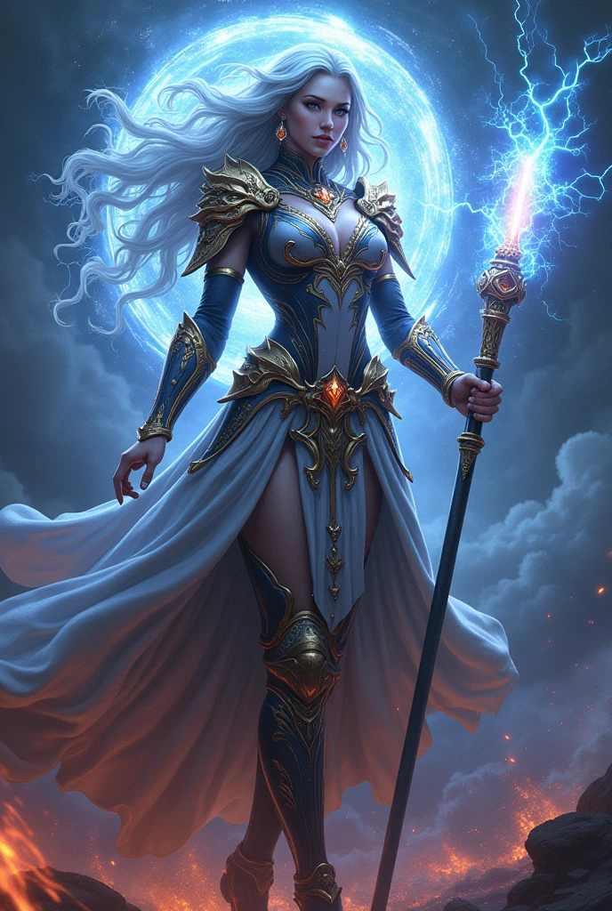 (((Goddess of Power:1.4))), (masterpiece:1.4, best quality), (photo realistic:1.4), imposing and commanding presence, with an expression of strength and authority, dressed in a powerful and ornate armor that combines ancient and modern elements, (armor adorned with symbols of power and energy:1.2), (hair flowing with dynamic energy, glowing with electric hues:1.2), (piercing eyes radiating confidence and control:1.2), holding a staff or scepter emitting crackling energy or light, surrounded by a swirling aura of raw power, (background of a dramatic, cosmic scene with swirling galaxies or stormy skies:1.2), (dynamic lighting highlighting her form and the energy she wields:1.2), (bold and striking pose that emphasizes her dominance and strength:1.2), rich textures, intense and vibrant colors, (deep blues:1.2), (fiery reds:1.2), (electric whites and silvers:1.2), (dynamic composition with sharp contrasts and powerful lines:1.2), high-quality and detailed, (awe-inspiring and majestic atmosphere:1.2), transcendent and formidable, perfect image quality, symbolizing ultimate strength, authority, and the essence of power, captivating and commanding presence