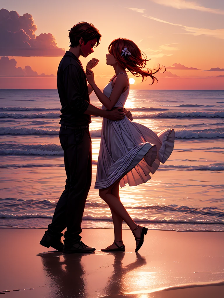 "Create a silhouette of a couple dancing against the backdrop of a vibrant sunset. The couple should be positioned centrally, with the man lifting the woman's hand as she twirls, creating a sense of movement. The sky should be filled with rich colors, primarily deep oranges, purples, and pinks, blending seamlessly to capture the beauty of the sunset. The horizon should be slightly visible, fading into the darkening sky. The couple's figures should be darkened, with the details of their clothing and expressions only suggested by their outlines, ensuring that the focus remains on the graceful movement and the stunning natural background."