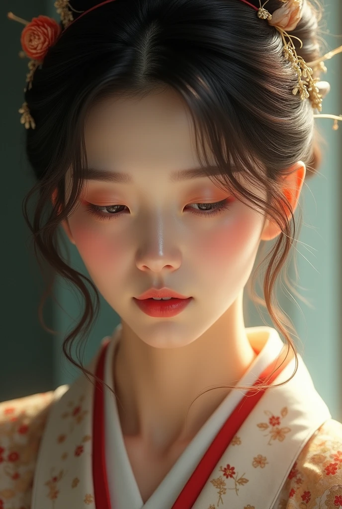 An elegantly dressed Japanese woman in natural light、A close-up of her chest and calm expression.、It shows her inner peace and outer charm.。