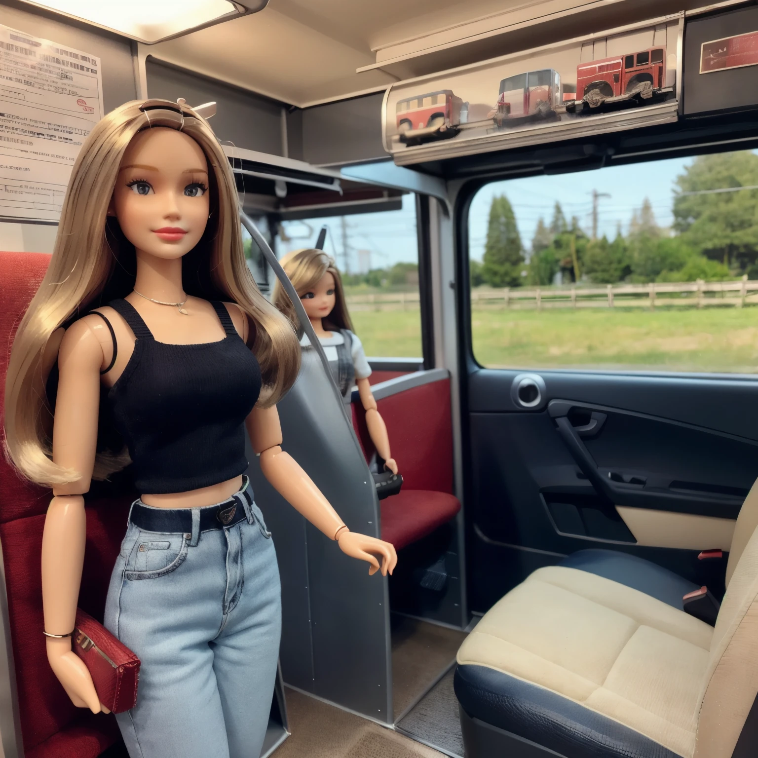 Miniature train interior、Standing Adult Figures、Behind the seat is a car window、Barbie Doll、Accurate Mattel product、Vintage Barbie、