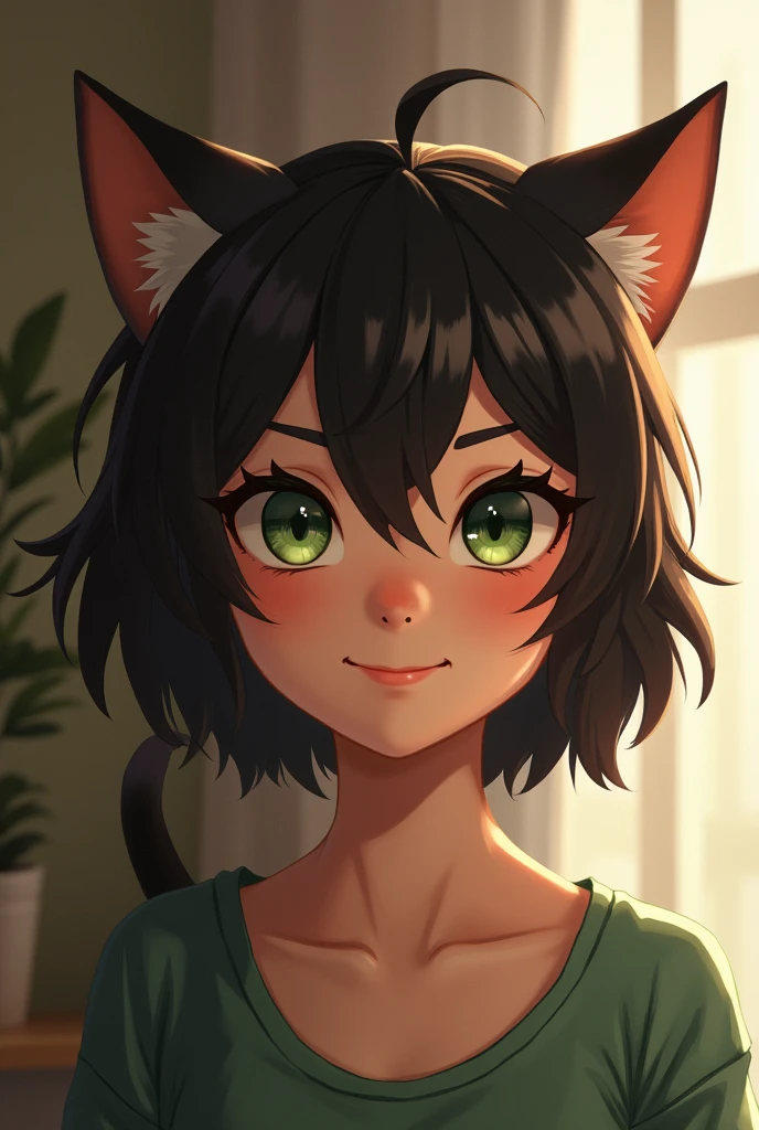 young female, cat hair, smiling, green eyes
 