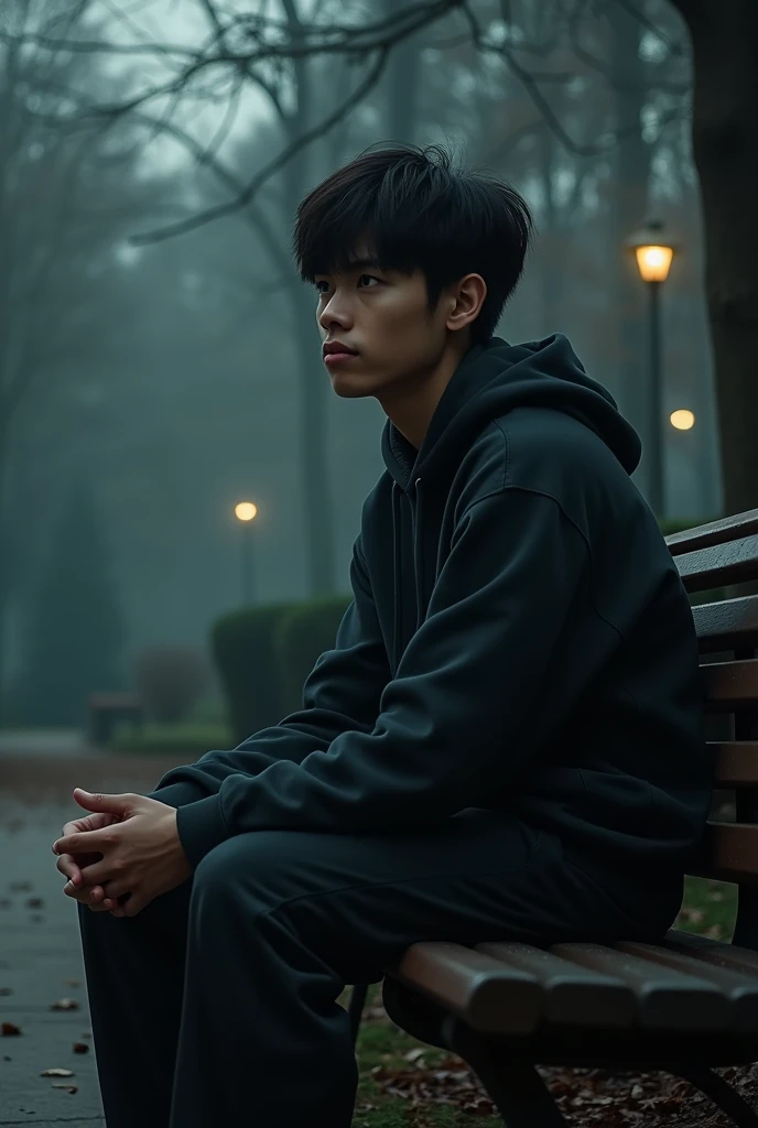 (photorealism:1.2), dark aura college asian man, sitting on school bench, wearing hoodie, outdoors, dark lighting, relaxed pose, realistic, intricate details by Greg Rutkowski, by Alphonse Mucha