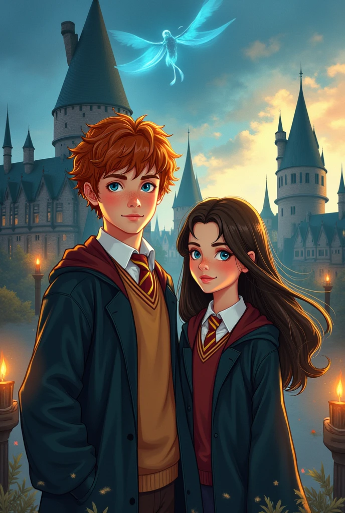 Newt scamander as a young next to a girl with long dark brown hair and blue eyes, both in Hogwarts uniform book cover 