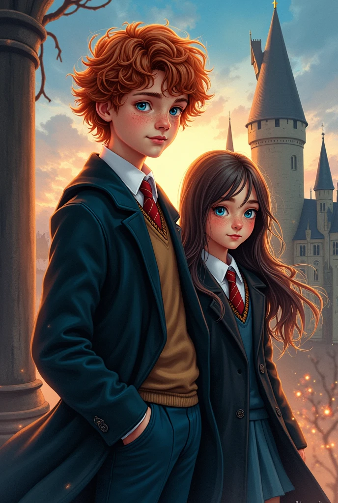 Newt scamander as a young next to a girl with long dark brown hair and blue eyes, both in Hogwarts uniform book cover 