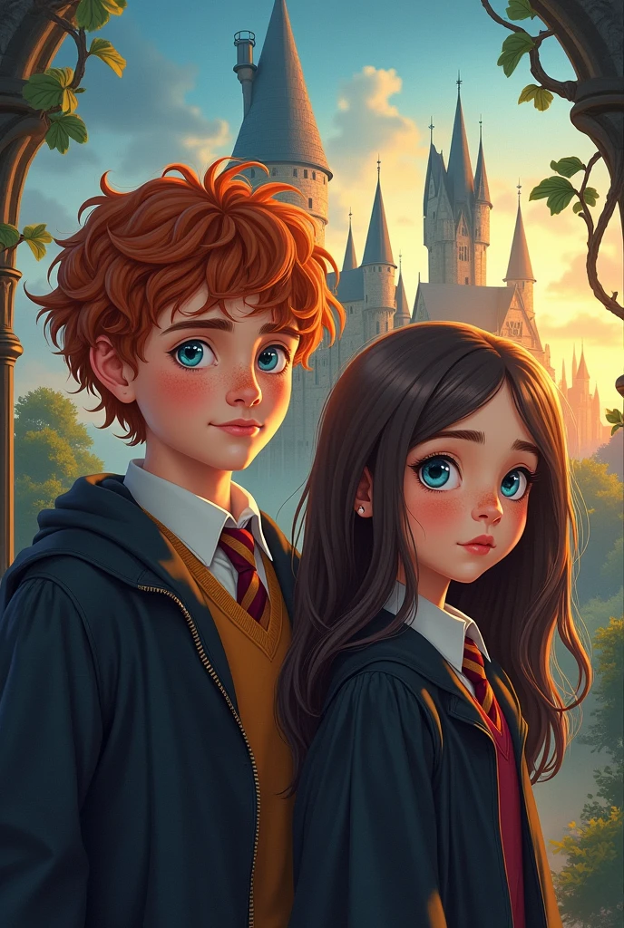 Newt scamander as a young next to a girl with long dark brown hair and blue eyes, both in Hogwarts uniform book cover
