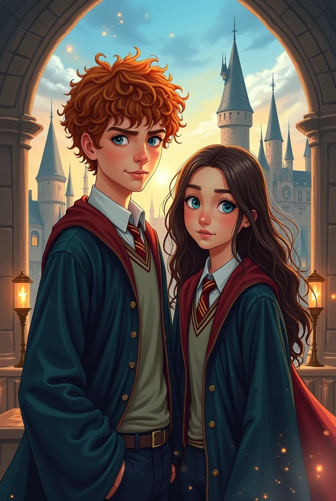 Newt scamander as a young next to a girl with long dark brown hair and blue eyes, both in Hogwarts uniform book cover