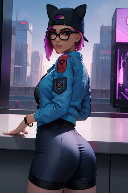 Cyberpunk Linen Suit, evening, spikes bracelet,winter hat , Skirt, navy blue jacket ,extremely detailed, detailed face, glasses ,beautiful face, fine eyes, looking back at the viewer, feminine pose, NSFW,