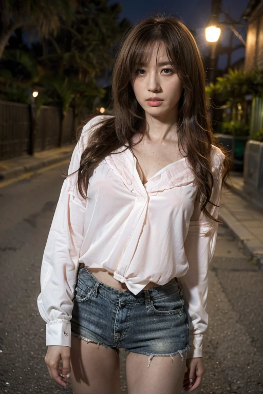 best quality, Reality, 1 Girl, Miss,(Skin Indentation), Medium breasts, (bright), (Professional lighting, Bokeh), (street), (Open blouse:1.5), (Wear:1.2), Flowing hair, Long legs