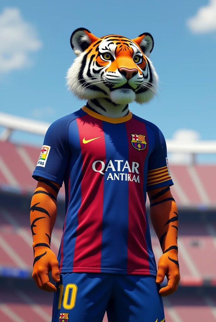 tiger dressed as a football player in blue and red, that in the sky say SANTA ANA and that in the stadium it reads FAS, that is not the FC BARCELONA uniform
