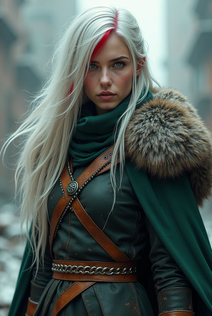 Je veux une belle guerrière viking, dans une tenue lambda moderne, avec des cheveux aussi blancs que possible et une mèche rouge dedans, et des yeux VERT émeraude.