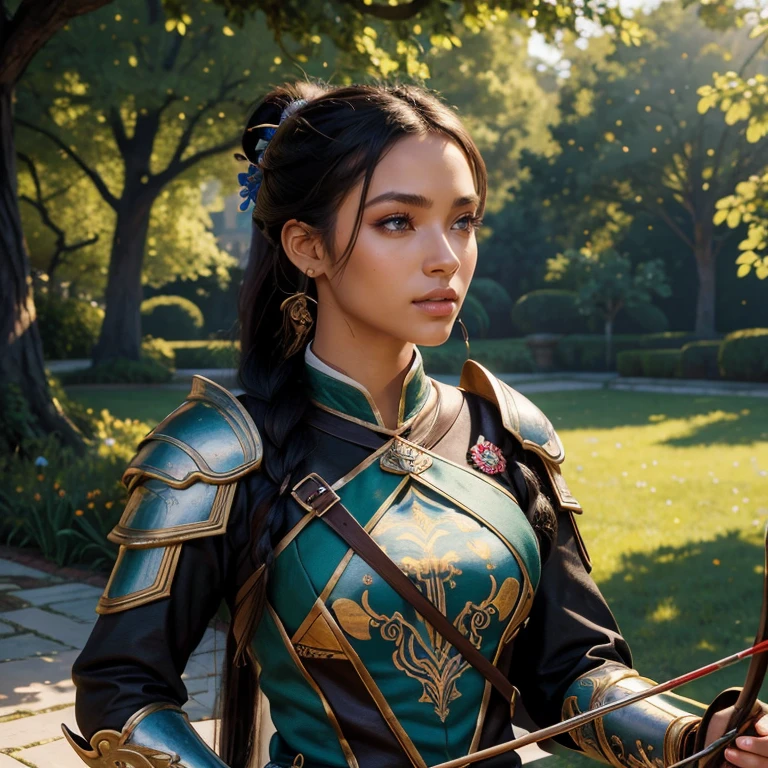 (​masterpiece, best quality:1.5), highest quality, High resolution, super detailed, Realists, Upper body photo of a black archer, black skin, detailed and beautiful eyes, beautiful detailed lips, very detailed eyes and face, longeyelashes, Archer in light blue armor, Noble details on the armor. Beautiful and colorful makeup, ponytail hairstyle, Gardens as background, bright daylight, bright colors, fine brushstrokes, Portrait style, beautiful color palette, glowing skin, First-class rendering, that captures every detail, enchanting atmosphere, (perfect ???????:1.2), (The stunning archer holds a bow.  (magnificent panorama view:1.2)