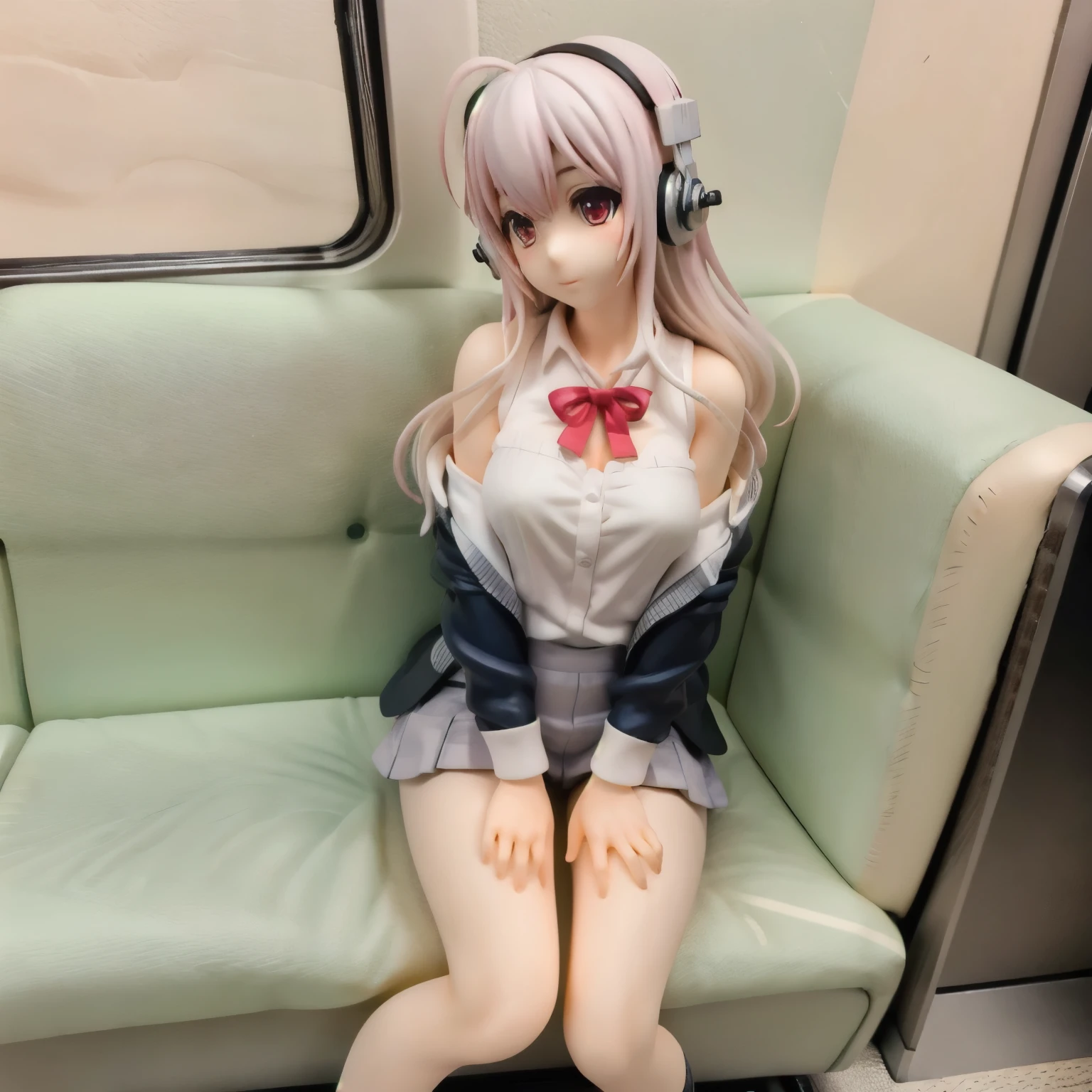 Miniature train interior、Adult figure sits on long seat、Behind the seat is a car window、Sonico、