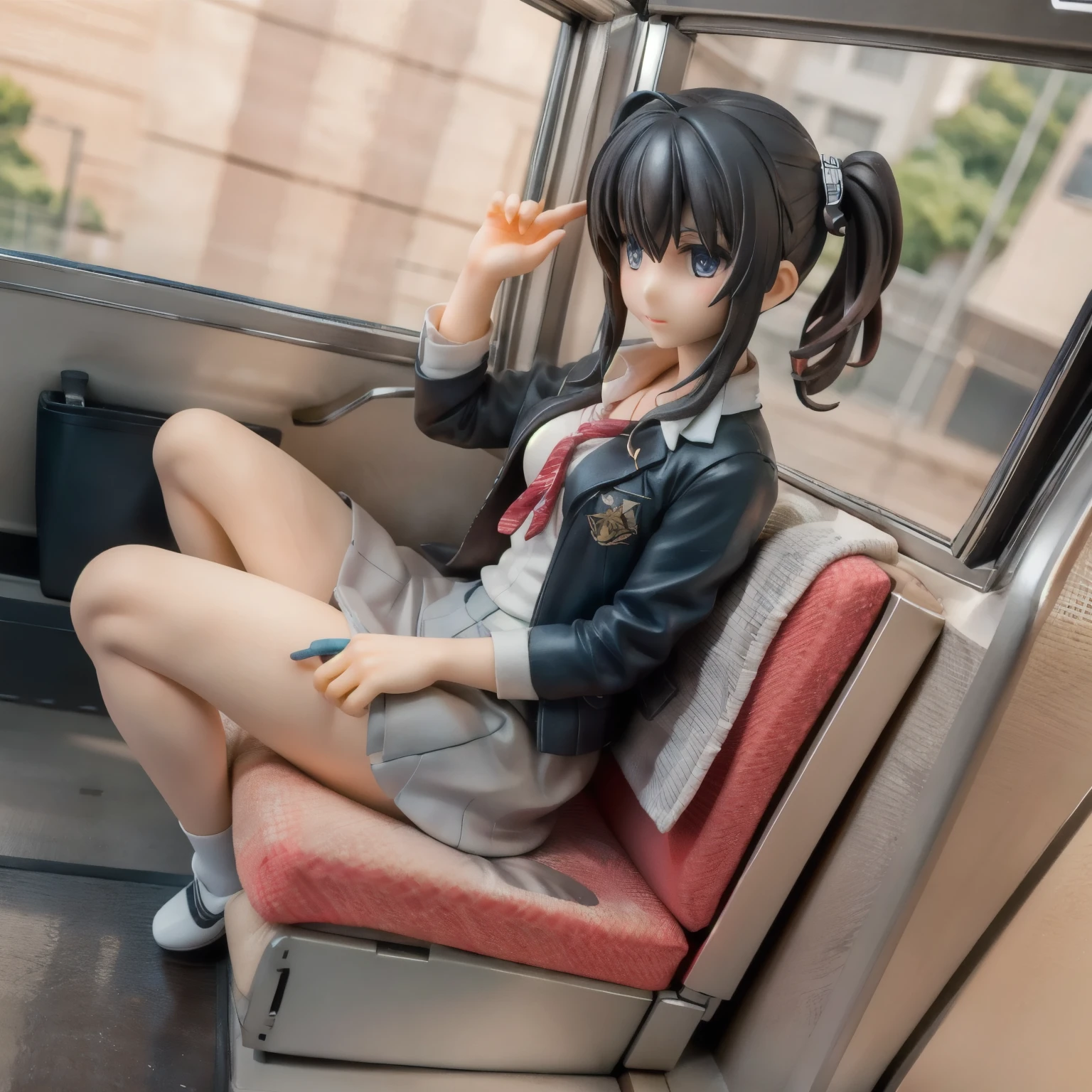 Miniature train interior、Adult figure sits on long seat、High school girl figure、Behind the seat is a car window、