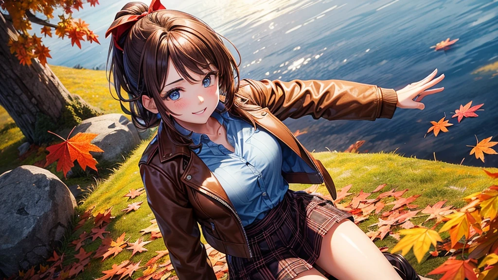 1girl, solo, trees, sun, clouds, autumn, colorful trees, falling leaves, ((brown hair)), ponytail, large breasts, ((brown leather jacket)), button down shirt, ((blue checked shirt)), ((unbuttoned shirt)), unbuttoning buttons, ((full cleavage)), blue eyes, long skirt, brown boots, smile, happy, looking at the viewer, walking, upper view, hair ribbon, golden necklate