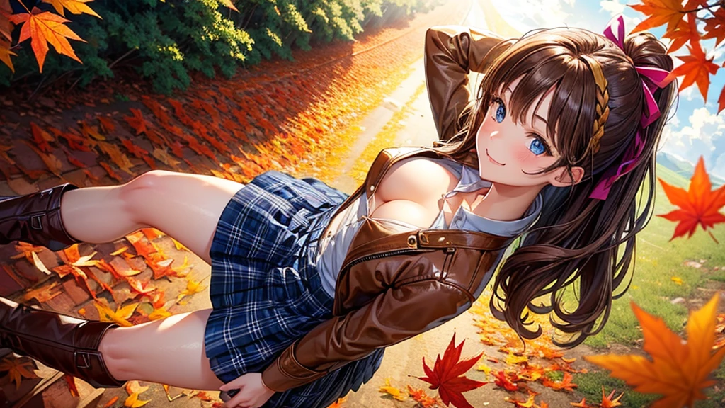 1girl, solo, trees, sun, clouds, autumn, colorful trees, falling leaves, ((brown hair)), ponytail, large breasts, ((brown leather jacket)), button down shirt, ((blue checked shirt)), ((unbuttoned shirt)), unbuttoning buttons, cleavage 1:3, blue eyes, long skirt, brown boots, smile, happy, looking at the viewer, walking, upper view, hair ribbon, golden necklate