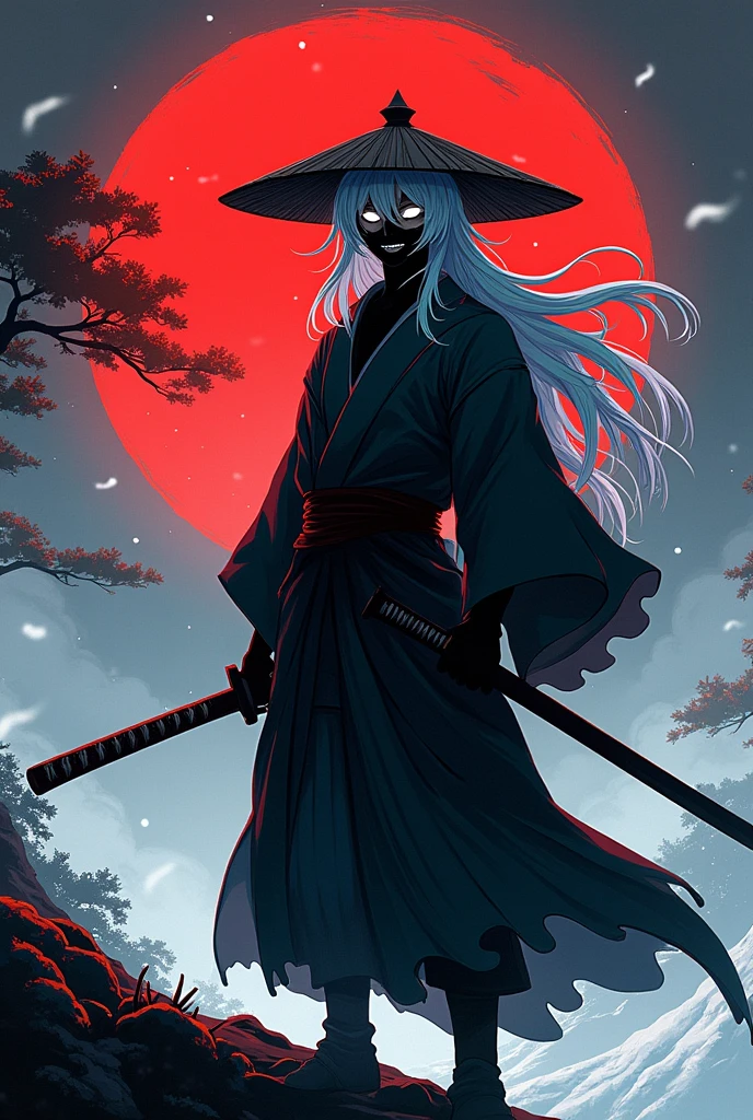Anime style, 2d, Silhouette,Swordsman, samurai clothing, wearing a Jingasa straw hat, his bright white eyes, negated atmosphere, wearing a mask with a mischievous smile, Long silver hair, ice power, , grayish, sinister atmosphere, ice aura on him, snowy atmosphere, red full moon, Standing on monk's staffs. , tree, Silhouette, silhouette . Japanese fantasy anime style, character design,