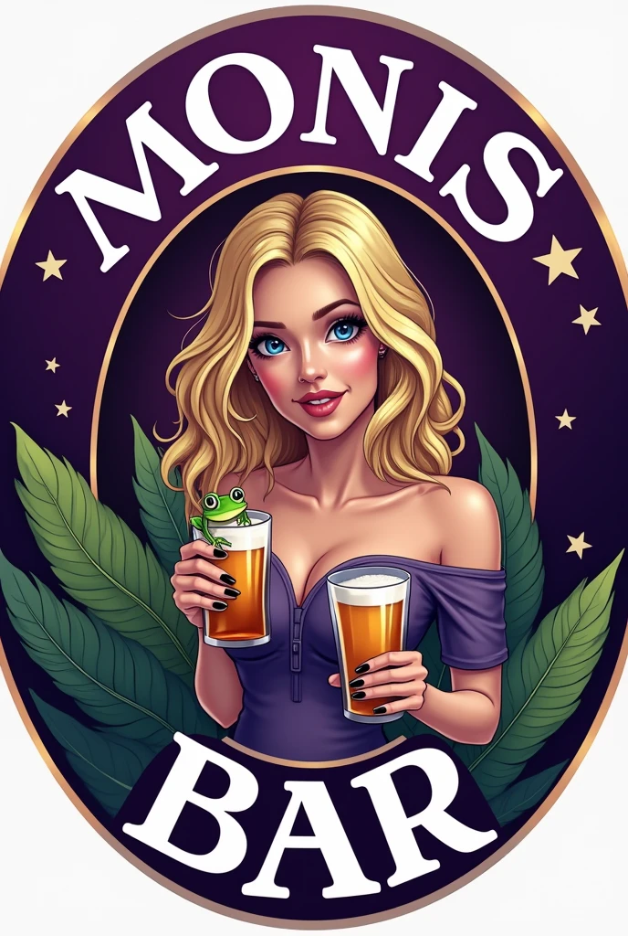 logo for a bar in a circle , what say (MONIS BAR) purple with a frog and a blonde woman