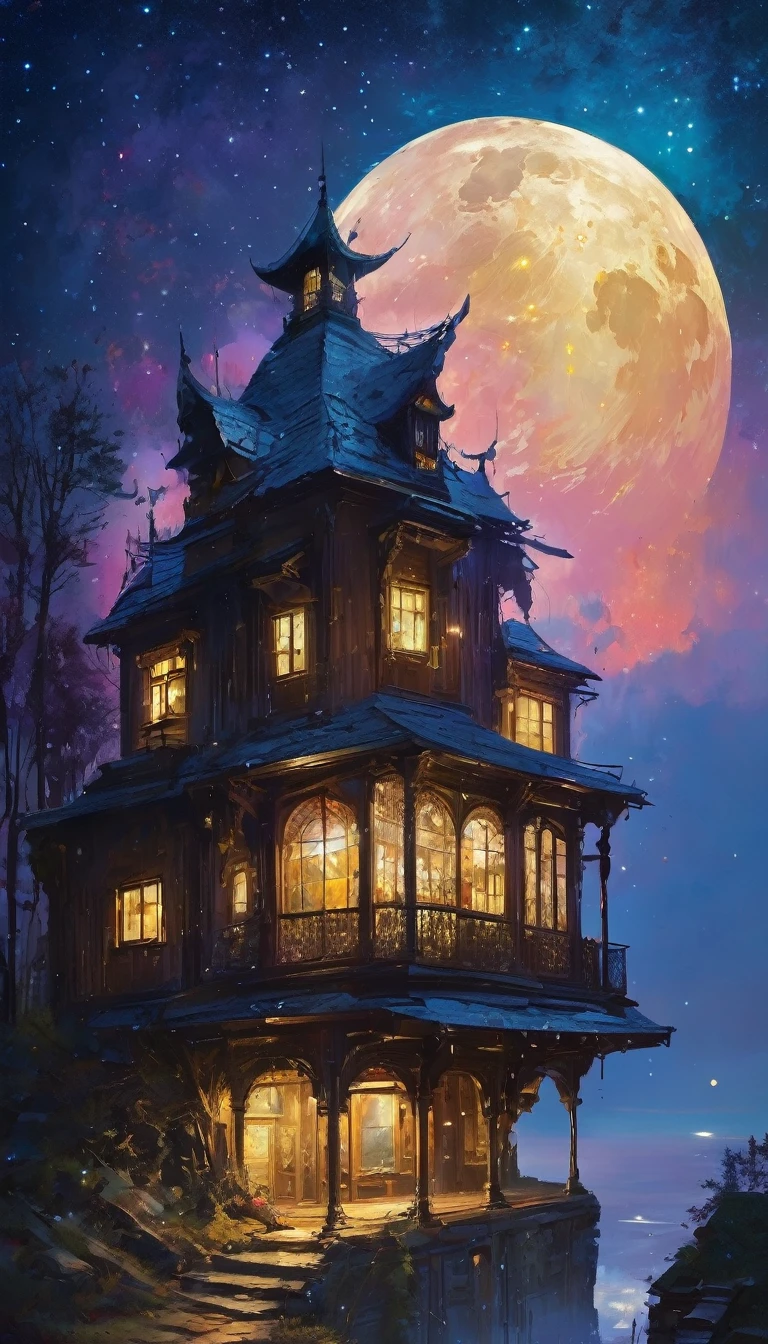 the magic house, magic, fantastic, night sky, moon, stars, background, art inspired by Wadim Kashin
