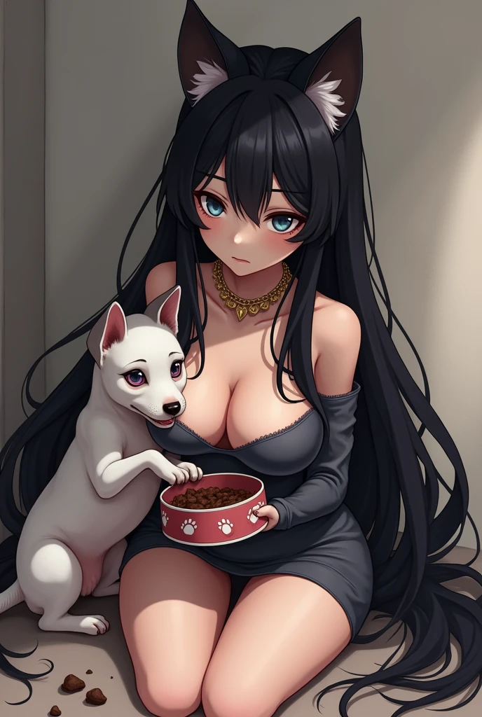 naked heart-shaped eyes, long black hair,Dog ears , big breast، on all fours , Sitting down, nipple cover, Chain collar around the neck, Hugging another girl, Eating from a dog bowl 