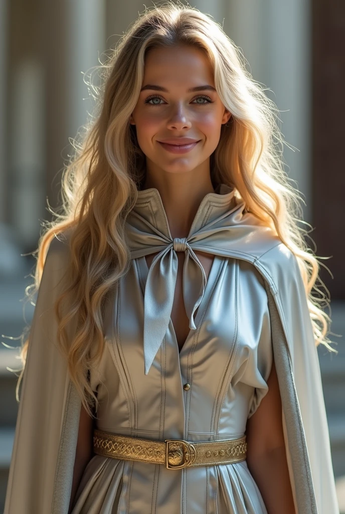 (RAW photo) , 1girl, cute, 20 years old, long blonde hair , smiling, look at viewer, ((((silver and gold lined satin cape tied at the neck)))+++, side spilt skirt , photo, realistic, best quality, hires, detailed face, detailed background, diffused lighting, depth of field, bokeh