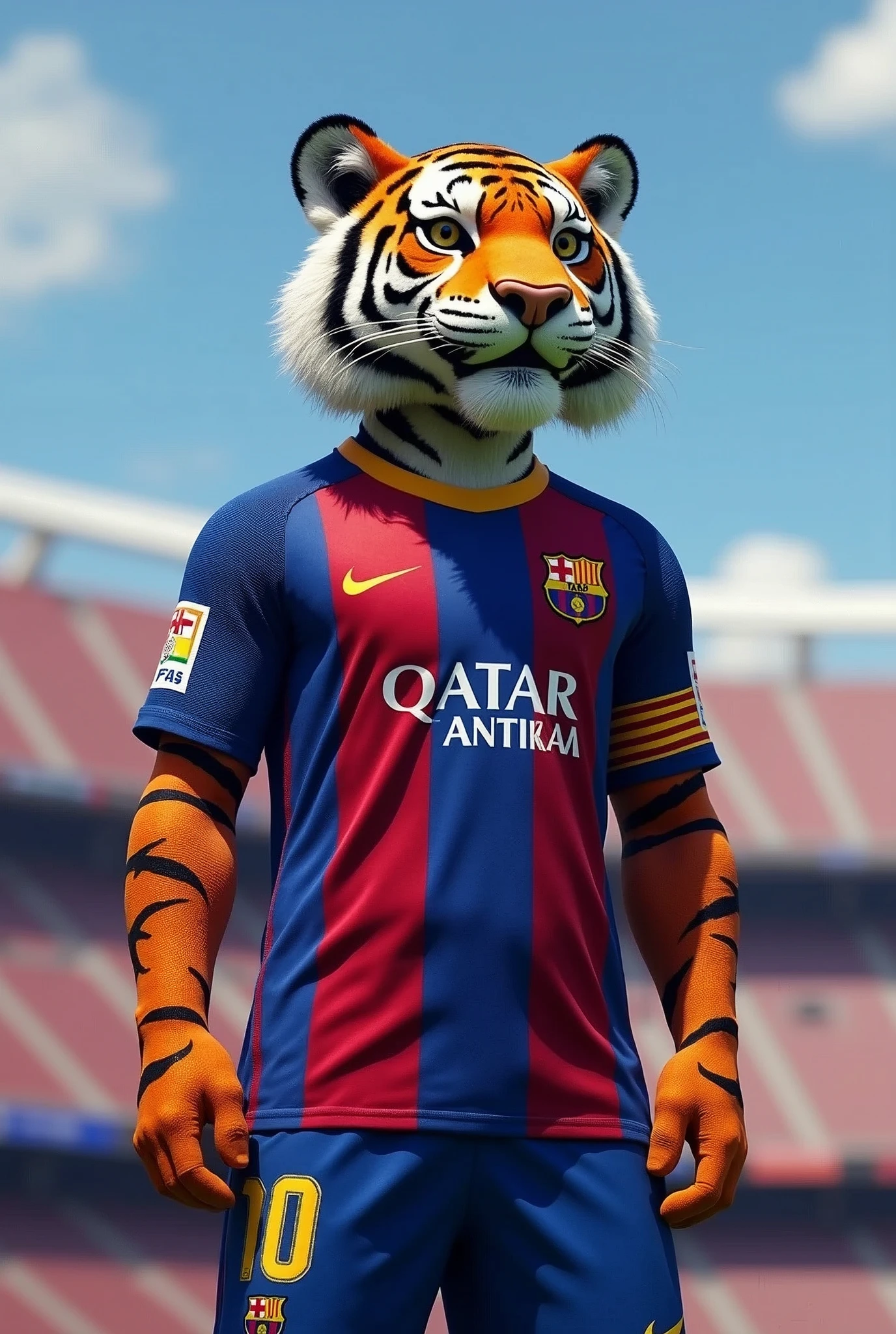 tiger dressed as a football player in blue and red, that in the sky say SANTA ANA and that in the stadium it reads FAS, that is not the FC BARCELONA uniform