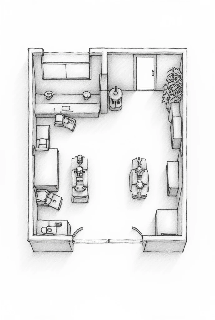 Pencil drawing of a plan of a level 1 veterinary laboratory with a reception room and a work room equipped with microscopes, centrifuge and a person working with the microscope