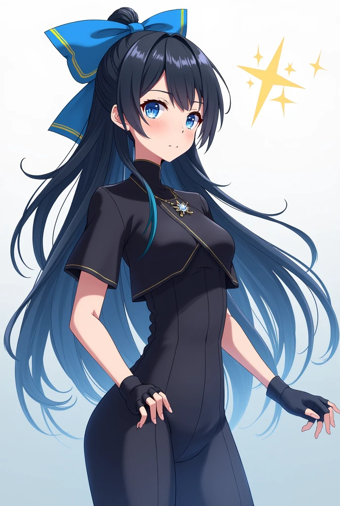 A female character in the style of the anime Demon Slayer who has long black hair loose with a ponytail on top with a blue bow with a yellow star. Her uniform is black and she wears a short-sleeved haori in the same shade of blue as the bow. She wears black gloves that expose her fingers and stylish boots. She also has a star necklace. Her eyes are light blue with stars.