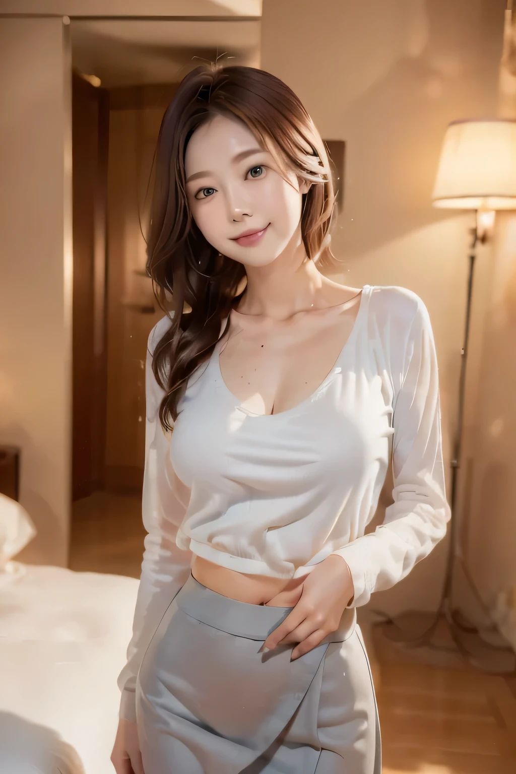 ((Best Quality, 8k, Masterpiece:1.3)), ASMTRDM, Woman in the bedroom, (Soft warm lighting:1.3), Standing,, Wear a long grey skirt, a sheer white shirt, Shy smile, whole body, Cinematic lighting, Soft Shadows